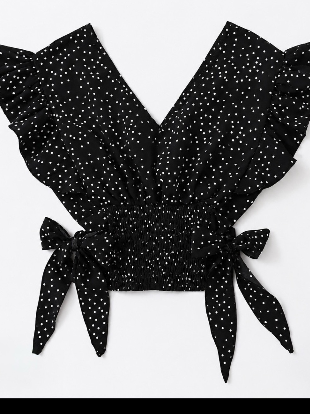 SHEIN Black Polka Dot Smocked Tie-Front V-Neck Crop Top